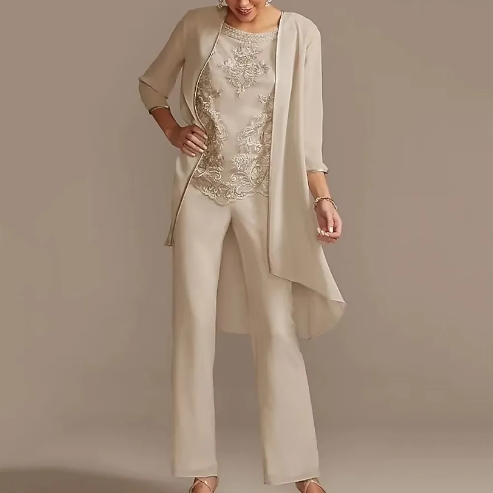 

Three Pieces Mother Dress Customized Vintage Pantsuits Formal Occasion Gown Lace Chiffon Floor Length robes invitée mariage