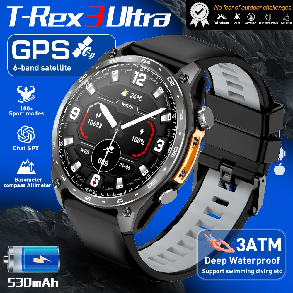 

2026 Новые умные часы для мужчин со встроенными GPS-картами, 100 спортивных режимов, 3 АТМ, водонепроницаемые, BT-вызов, MP3, MP4, воспроизведение, компас на высоте