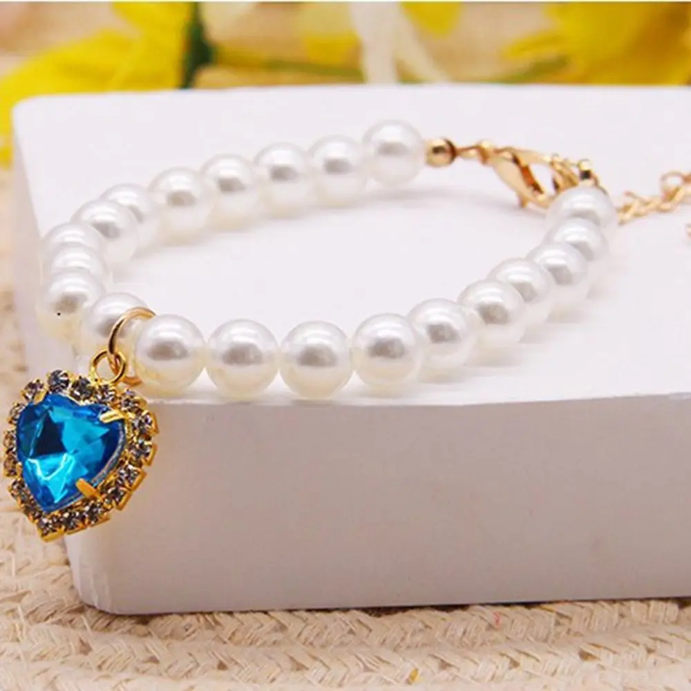 Luxury Love-Hearts Pet Pearl Necklace Rhinestone Adjustable Dog Neck Chain Cute Cat Love Hearts ​Collar Pet Party
