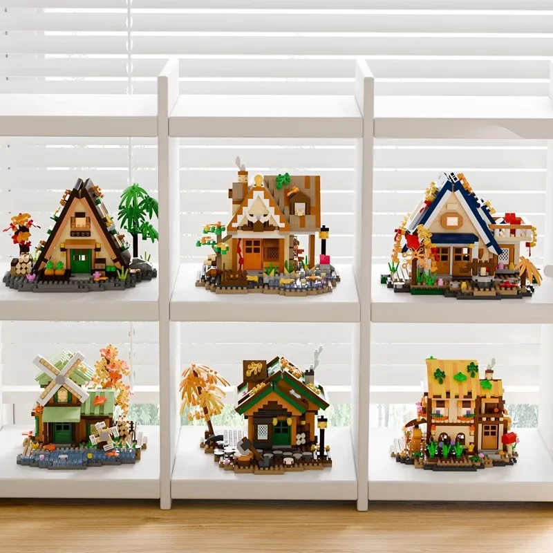 MOC Forest Log Cabin Model Micro Building Blocks Countryside Windmill Wooden House Hut Villa Cottage Bricks Toys Gift for Kids