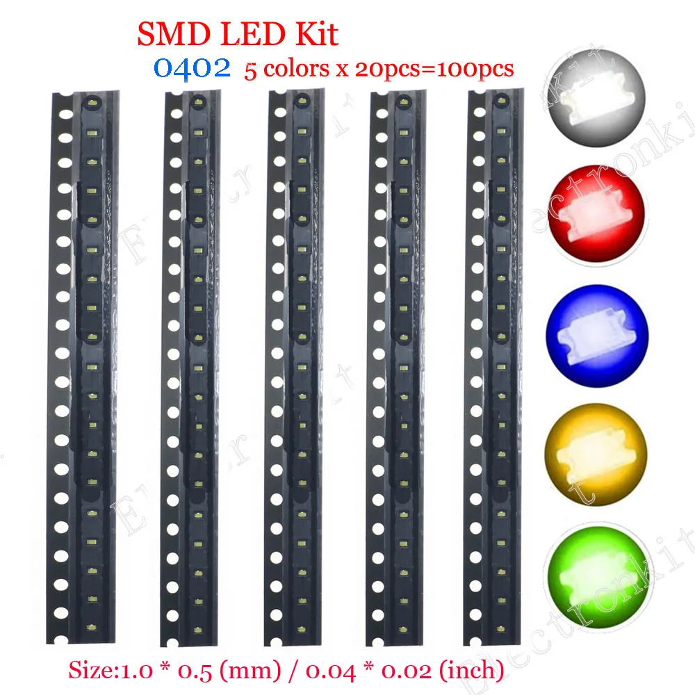 100pcs SMD LED Kit 0402 0603 0805 1206 1210 5730 5050 Red/Green/Blue/White/Yellow led diode set package 5 Colors Each 20pcs