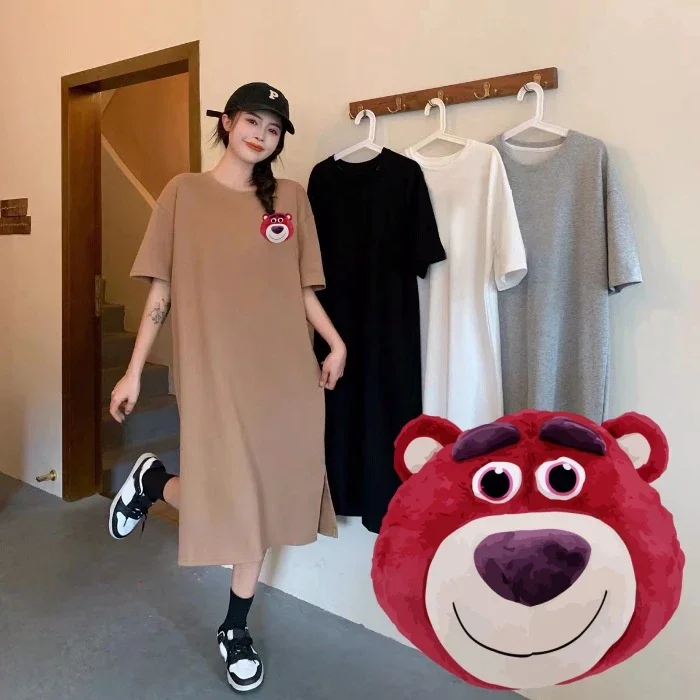 Miniso Strawberry Bear T-shirt Skirt Cartoon Lotso 40-90kg Loose Leisure Style Lone Brown Colours Shortsleeved Soft Uniquedress