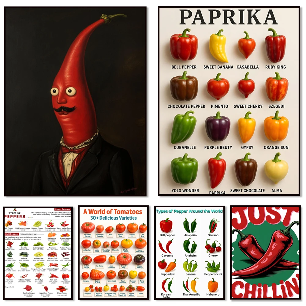 Super hot chili peppers, delicious tomato varieties, chili pepper varieties, hot sauce, fun chili kitchen decoration poster