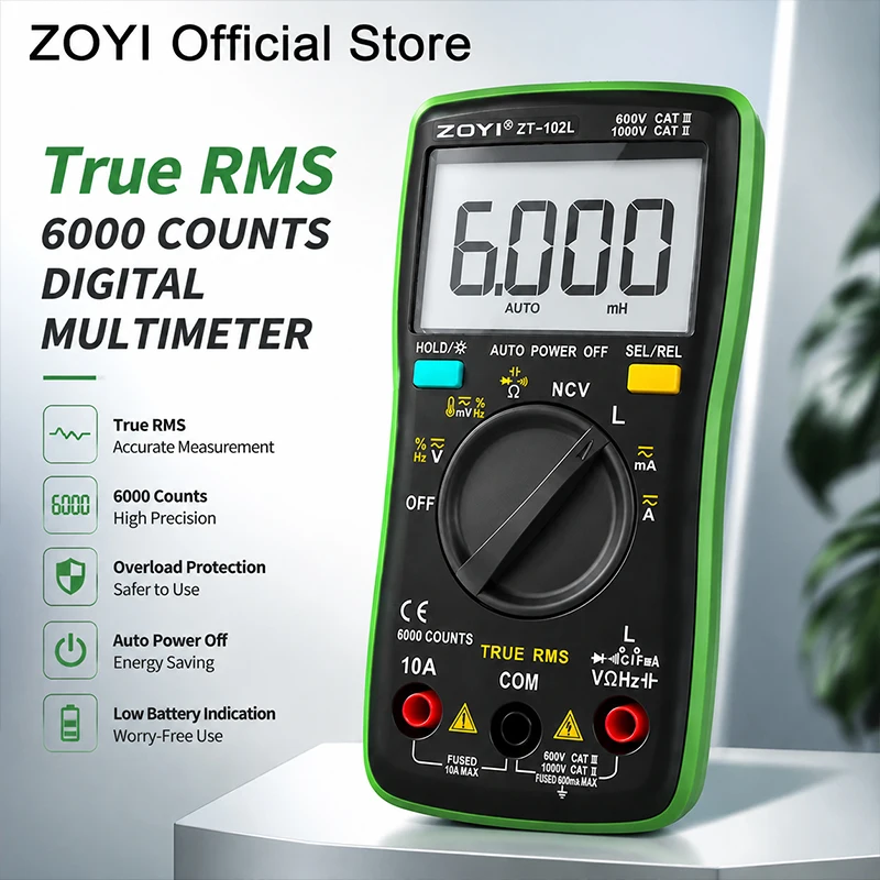 True RMS ZOYI ZT‑102L 6000 Counts Auto‑Ranging Multimeter,Inductance Capacitance Frequency NCV Overload Protection Digital Test