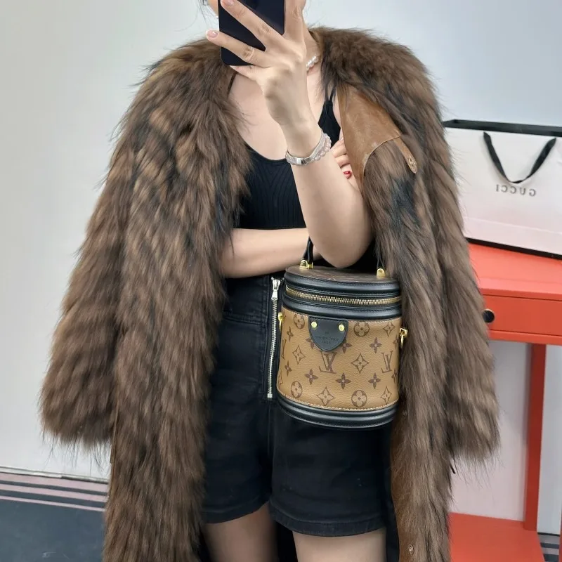 Hot-selling Autumn Winter New Natural Real Raccoon Fur Strip Fur Coat Fashion long Jacket Raccoon Fur Coat Warm Streetwear