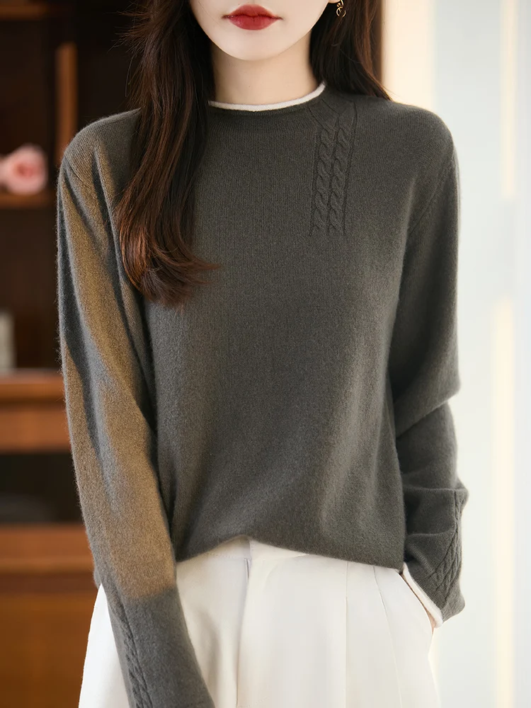 

Women 100% Merino Wool Knitwear Sweater Autumn Winter Mock-neck Pullover Rolled edge color matchingPure Wool Long Sleeve Tops