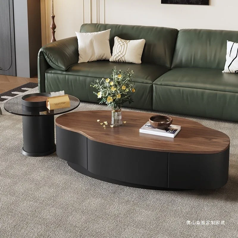 

Кофейный столик в стиле ваби-саби из орехового дерева, овальной формы, для гостиной, для небольшой квартиры, комбинированный, необычной формы, в стиле лёгкой роскоши, современный.