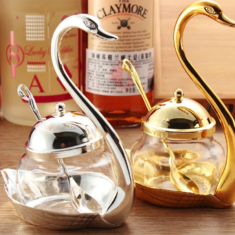 2024 New alloy Condiment Pot Seasoning Container Spice Glass Jar Salt Sugar Bowl Pepper Coffee Storage Organizer Swan Rack Set