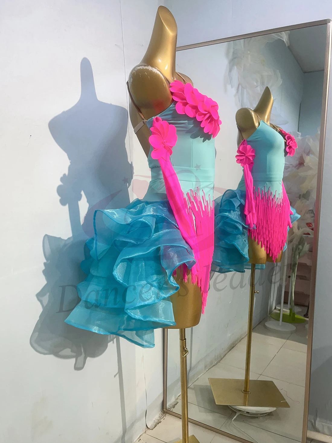 Latin Dance Costume Rhinestone Women's High-end Custom High Collar Stitching Tassel Floral Samba Dress Performance Dress