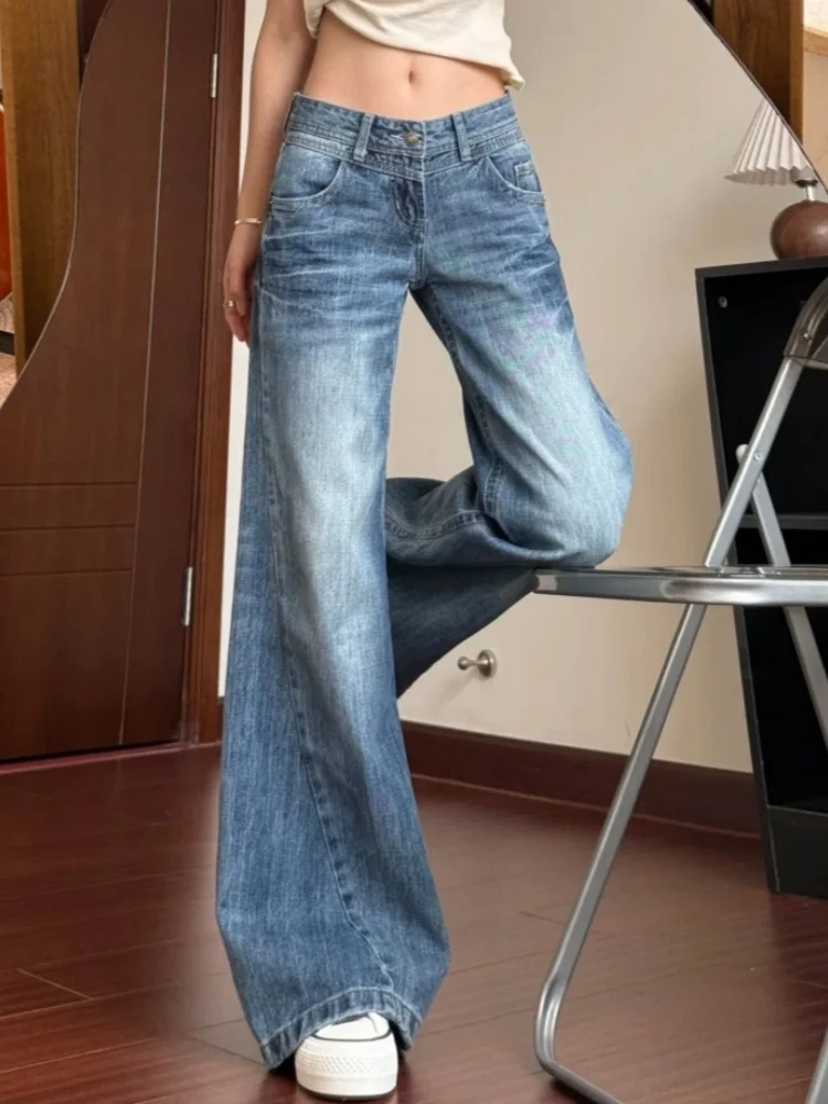 

American Retro Low Waist Wide Leg Denim Jeans Women's Spring New Style Embroidered Straight Floor-Length Pants Slimming