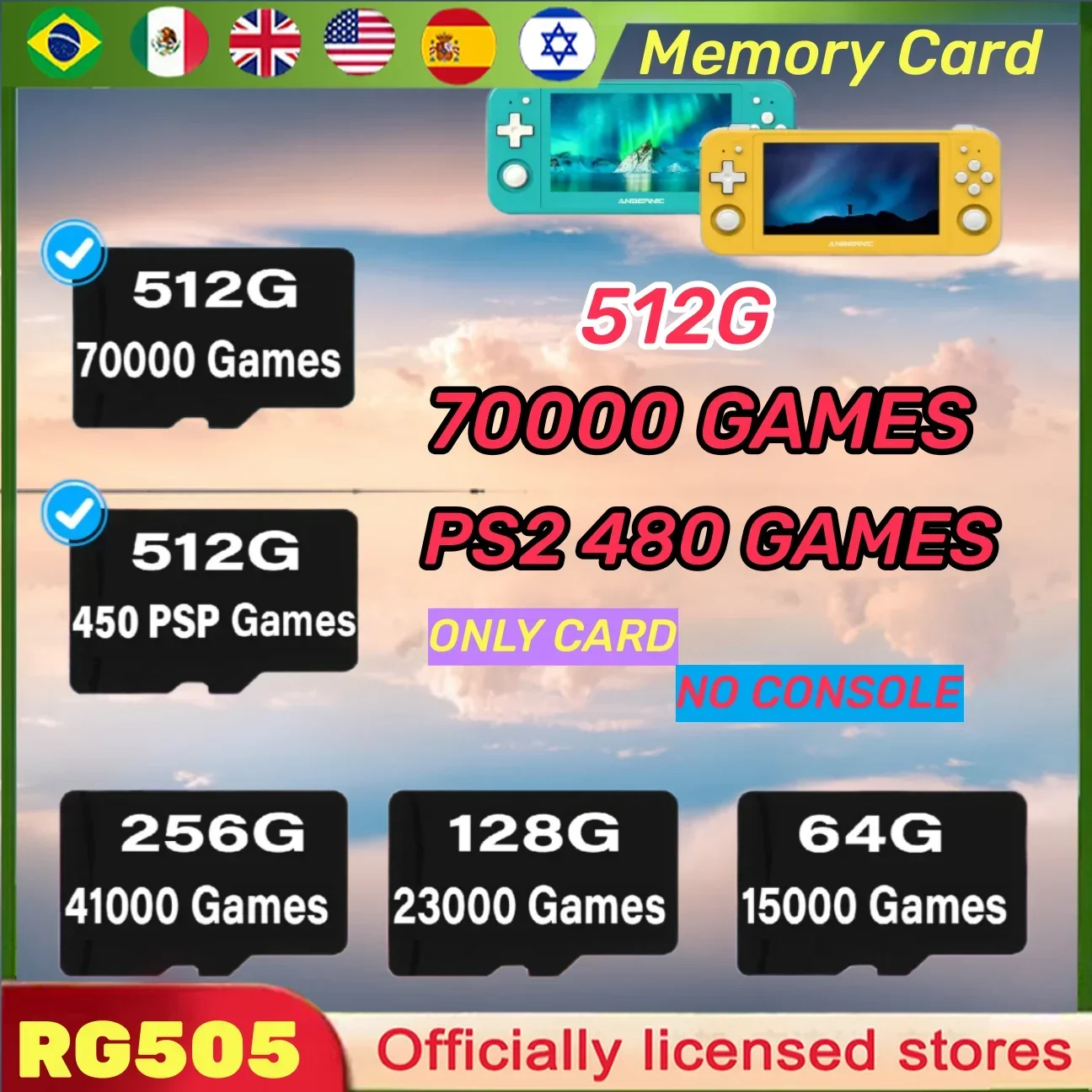 

ANBERNIC RG505 Memory Cards Sd Card PS2 Preloaded Game 3ds Gamecube TF Card Video Game Consoles 512G PSP PS1 GBC 70000GAMES