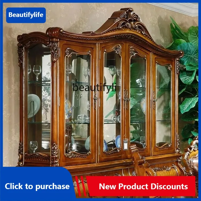 C85 European-Style Solid Wood Tea and Wine Cabinet American Curved Glass Door Wall Wine Cupboard Buffet