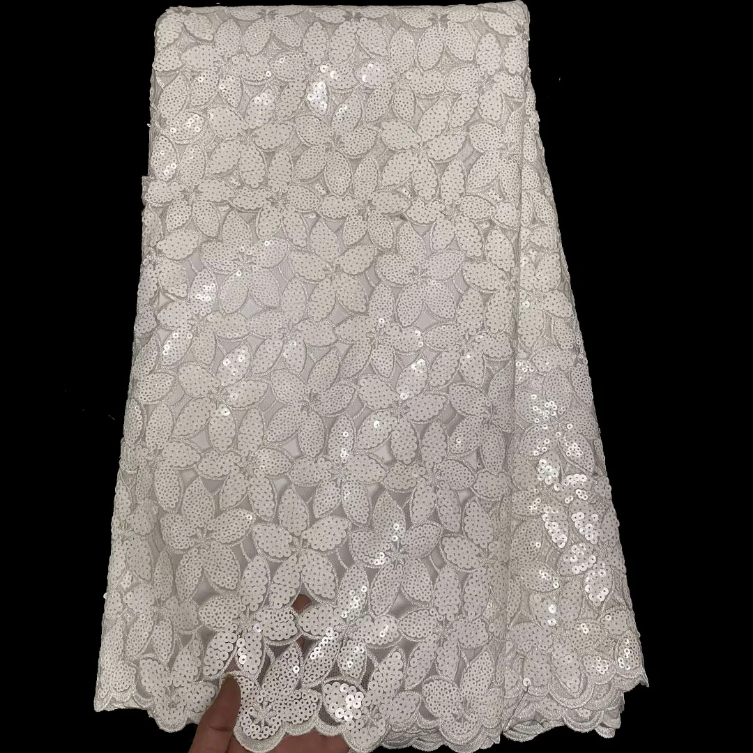(5yards/pc) High quality white African hand cut organza lace fabric newest embroidered Nigerian wedding sequins fabric OP190