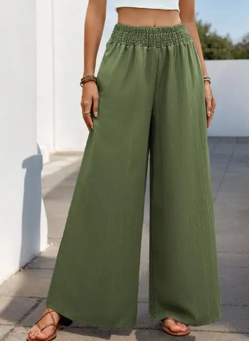 

Fashion Pants 2025 New Casual Vacation Versatile Simple High Waist Elastic Waist Solid Color Wide Leg Pants for Women