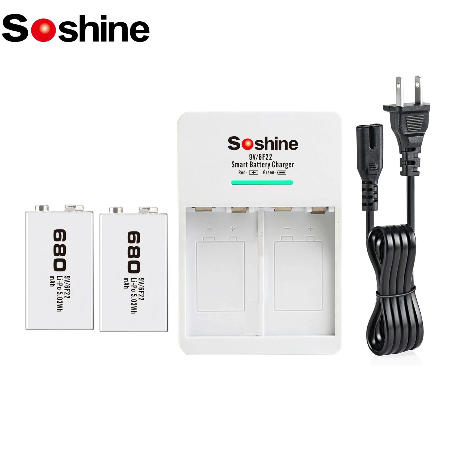 Soshine 2PC 6F22 9V 680mAh Rechargeable Battery and 2 Slots Smart Charger with LED 6F22 9 Volt Batteries for Metal Detector Toy