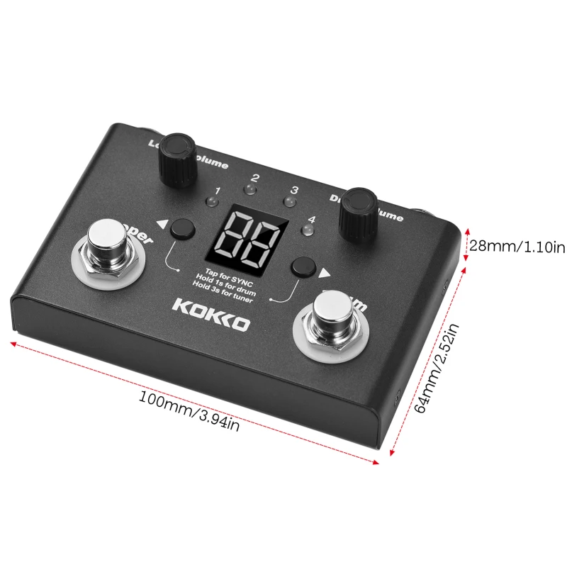 KOKKO FLD-1 Multifunctional Drum Machine & Looper Effect Pedal Digital Tuner BT Page-Turner Phrase Loop Recording Compact Pedal