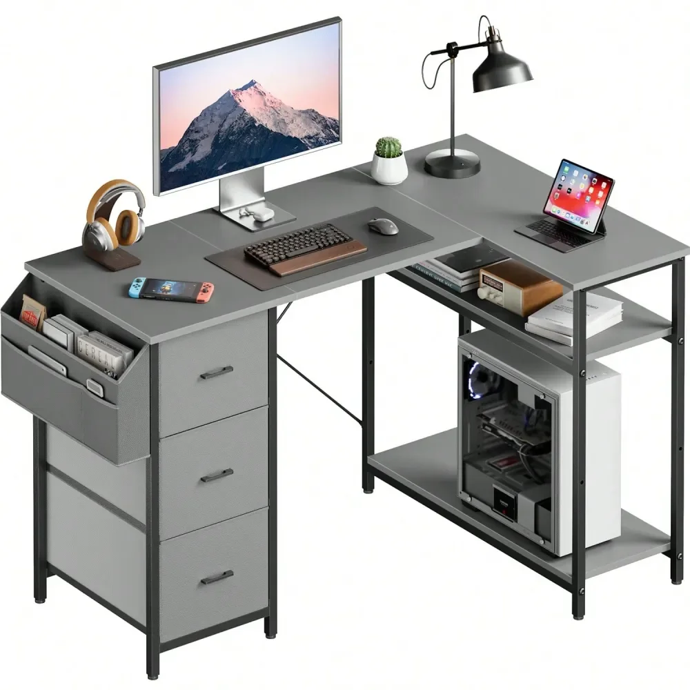 

47inch LShaped Computer Desk With Storage Bag 3 Fabric Drawers, Modern Home Office Corner Desk With Storage Shelves, SpaceSavin