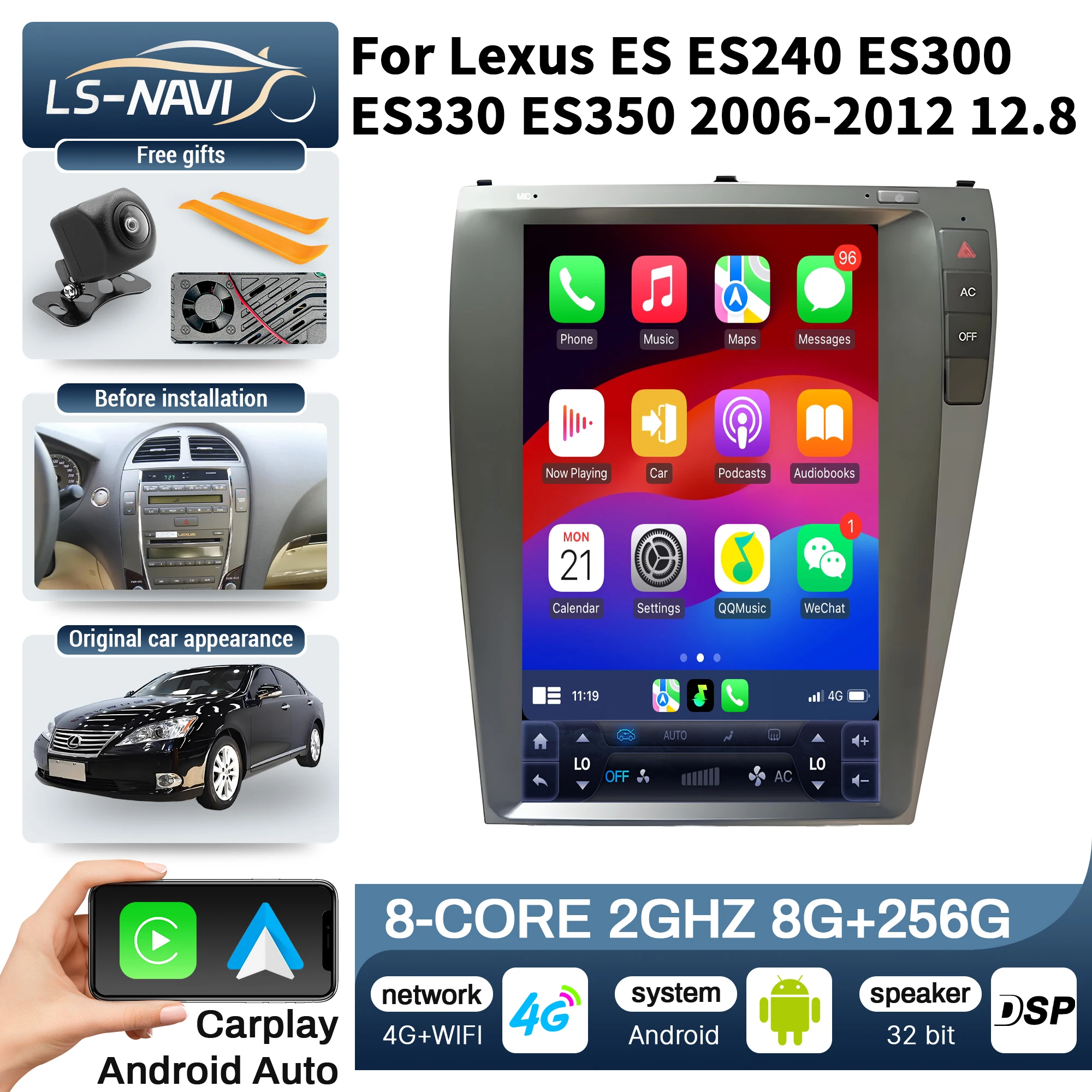12.8” Wireless Bluetooth CarPlay Touch Screen Stereo System for Lexus ES ES240 ES300 ES330 ES350 2006-2012 Car Radio Head Unit