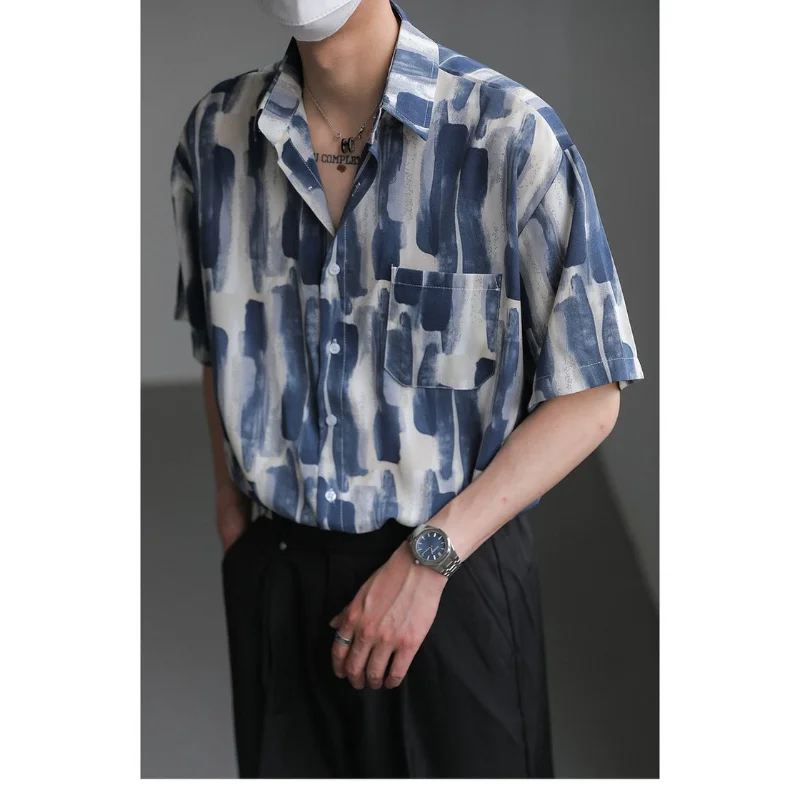 

Youthful Style Summer Ink Striped Ice Silk Short-sleeved Floral Shirt for Handsome Men Outfit Hombre Elegante Casual