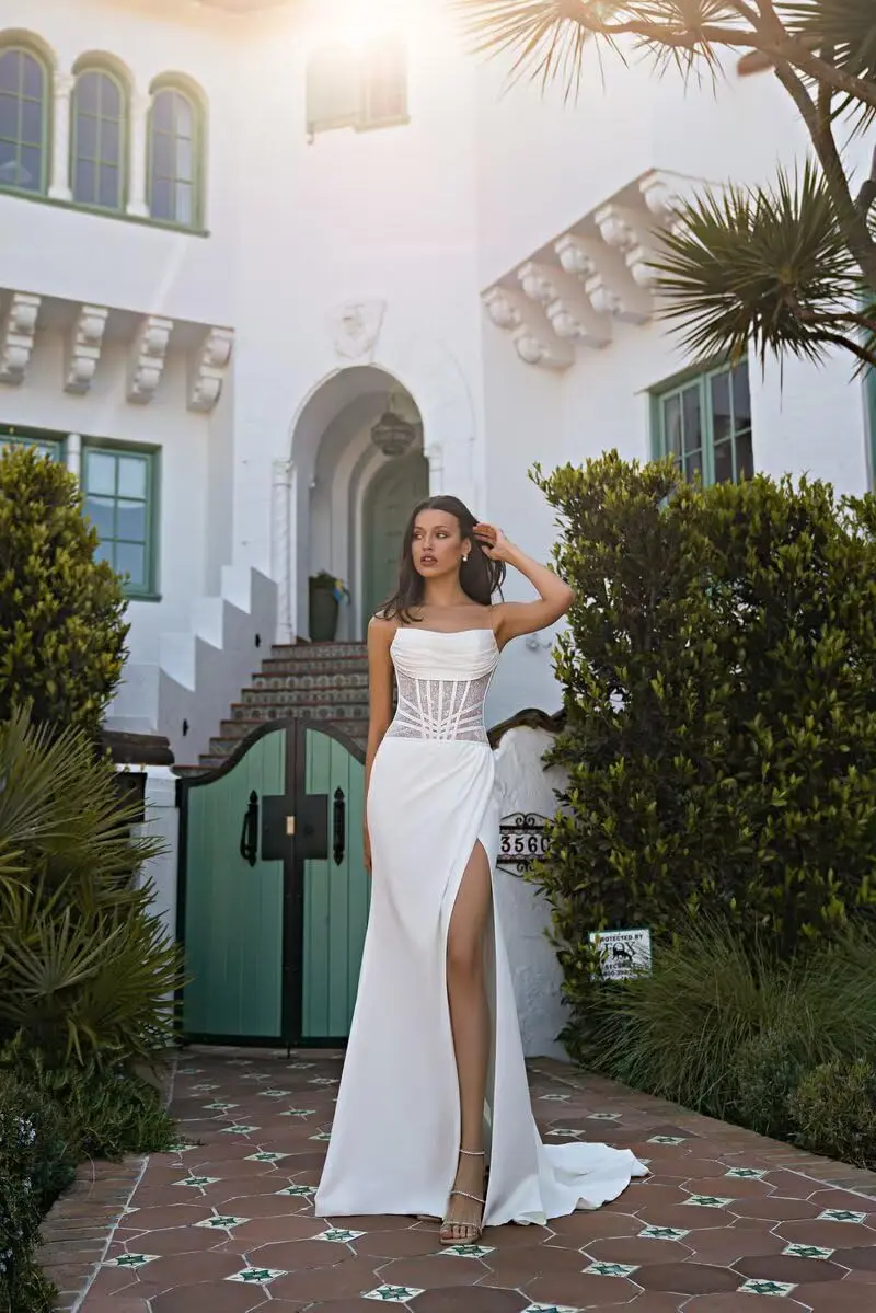 

Long Cowl Neck Satin Wedding Dresses with High Slit Mermaid Formal Evening Party Gowns