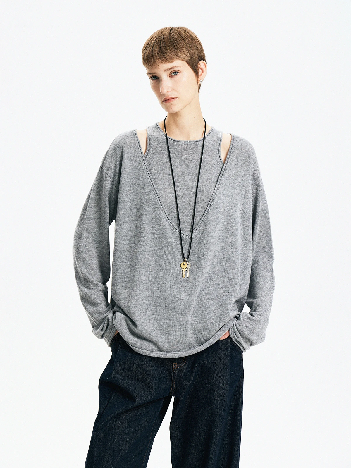 

Thor NSAura Breathable Soft Wool Knitted Vest oulder Hole V-Ne Two-Piece Set Women's Casual Loose Fit Long Sve Top