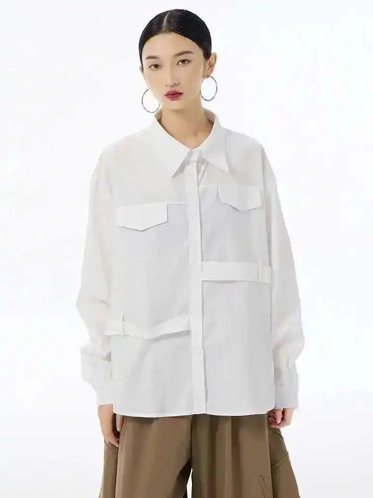 

Women White False Pocket Big Size Casual Blouse New Lapel Long Sleeve Shirt Fashion Tide Spring Autumn