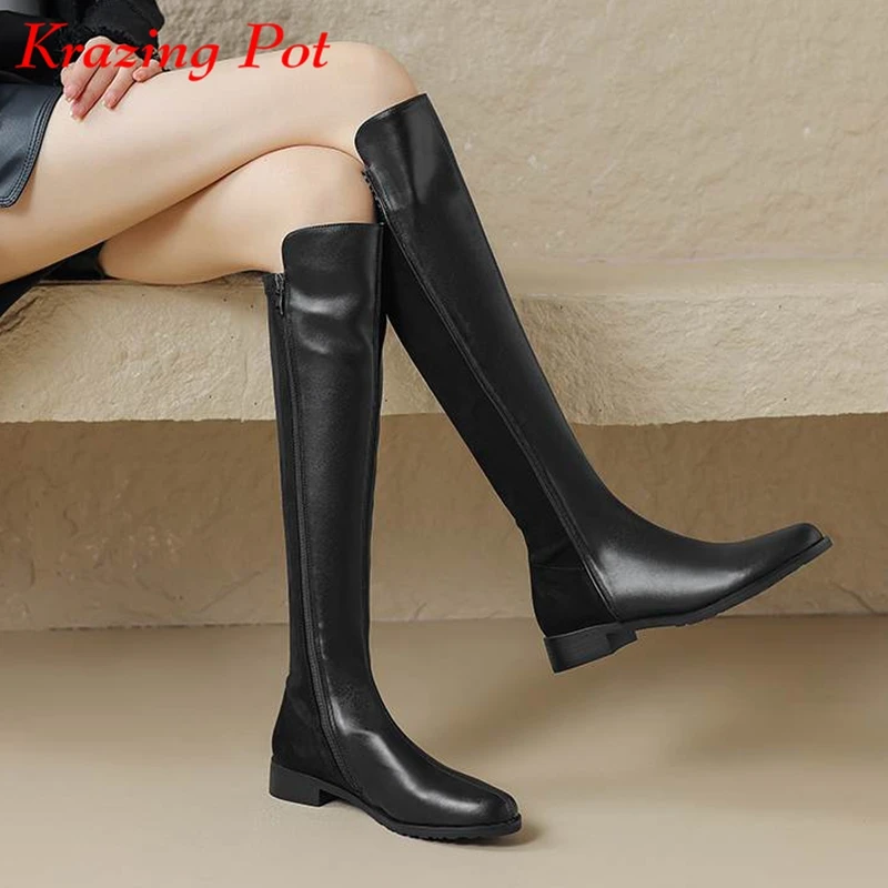 Krazing Pot Microfiber Flock Round Toe Winter Warm Riding Boots Thick Heels Gladiator Plus Size 42 Gorgeous Zipper Knee Boots