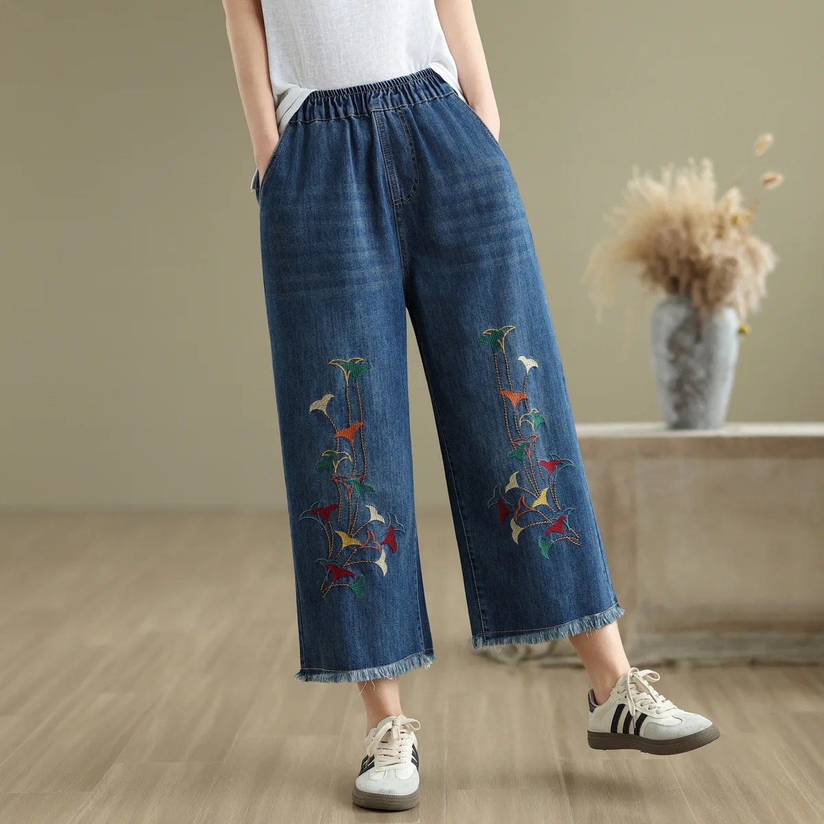 

Aricaca Women High Waist Flower Embroidered Vintage Straight Jeans Wide Leg Denim Pants