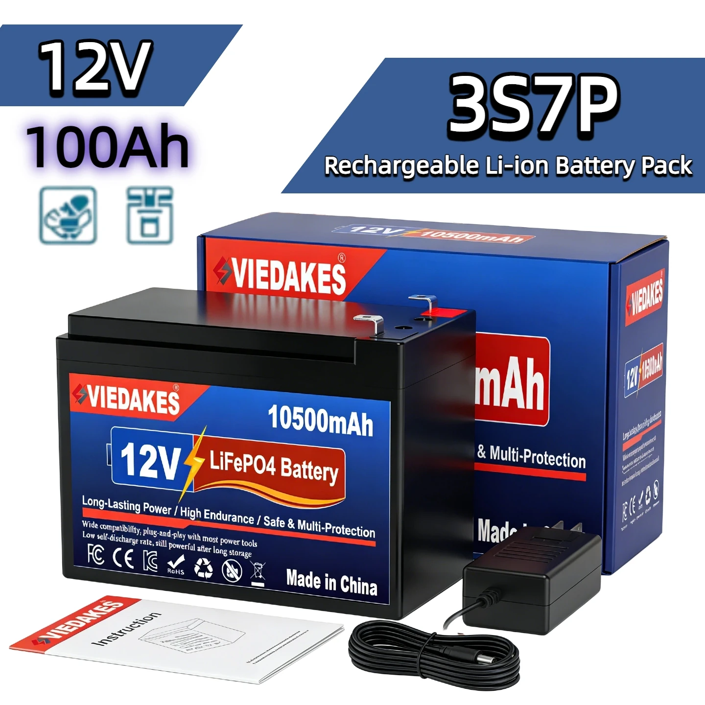

Аккумуляторный блок VIEDAKES, новый, 3S7P, 12В, 100Ач, LiFePO4, 18650, с защитой от обратной полярности, для DIY-проектов по солнечной энергетике