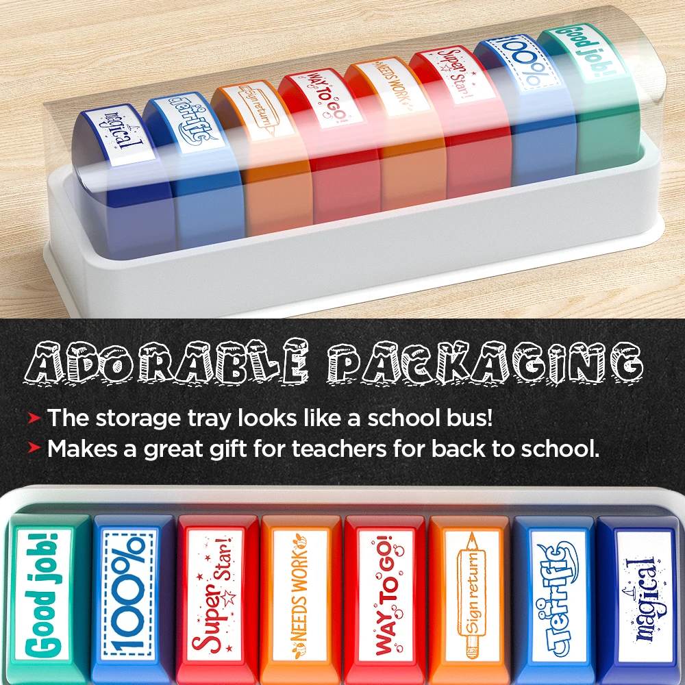 ختم المعلم - مجموعة تحفيز وتحفيز تلقائيًا، مناسبة للفصول الدراسية المدرسية ومجموعات المدارس العائلية (8 قطع) مع صينية تخزين #3