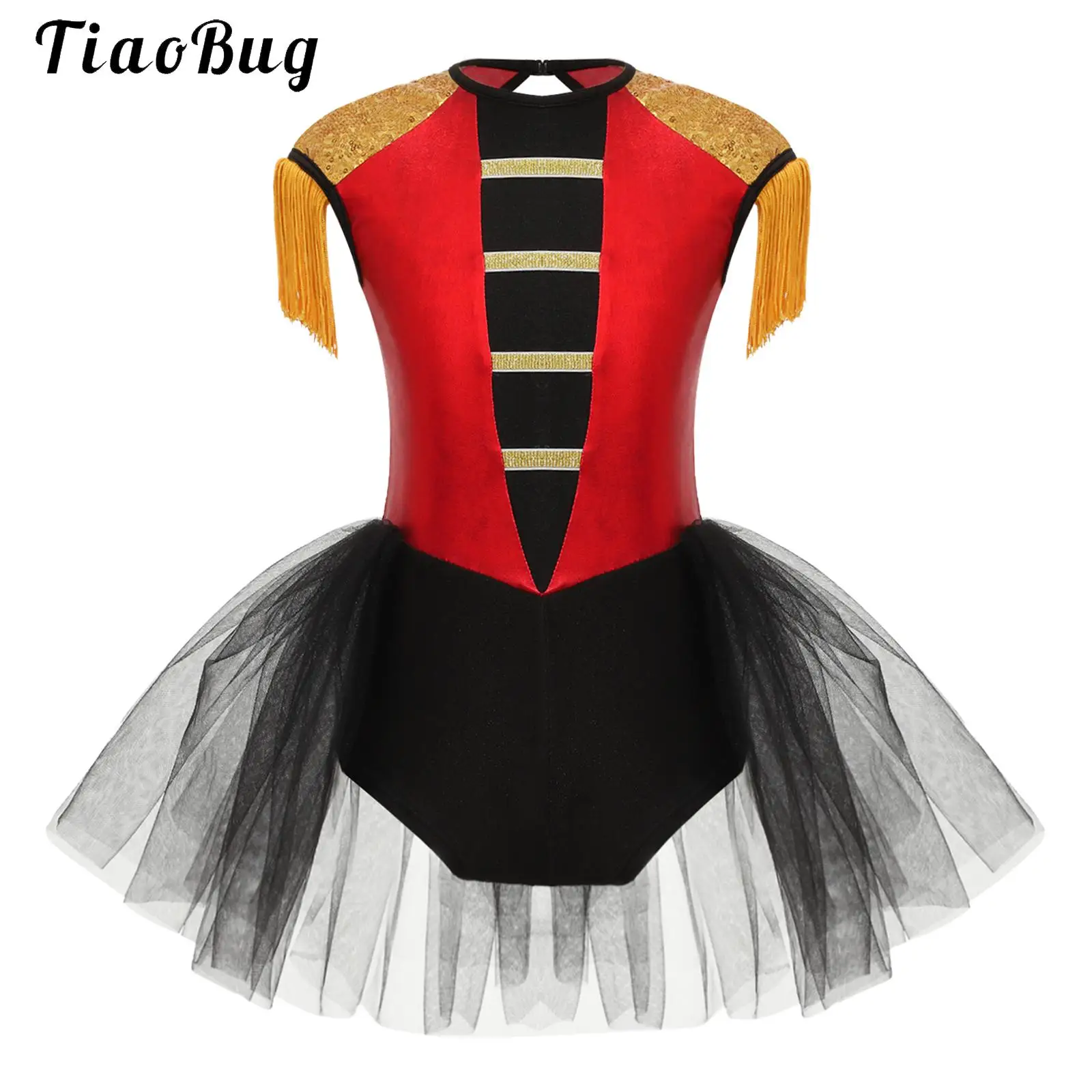Girls Circus Ringmaster Magician Costume Sequins Tassels Skirted Bodysuit Leotard Tutu Dress for Halloween Lion Tamer Cosplay
