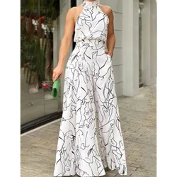Spring Summer New Women's Fashion Printed Round Neck Sexy Sleeveless Hanging Neck Slim Fit With Pocket Jumpsuit Pants
