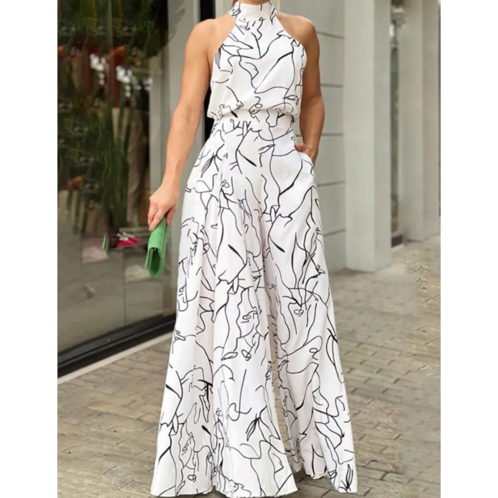 Spring Summer New Women's Fashion Printed Round Neck Sexy Sleeveless Hanging Neck Slim Fit With Pocket Jumpsuit Pants
