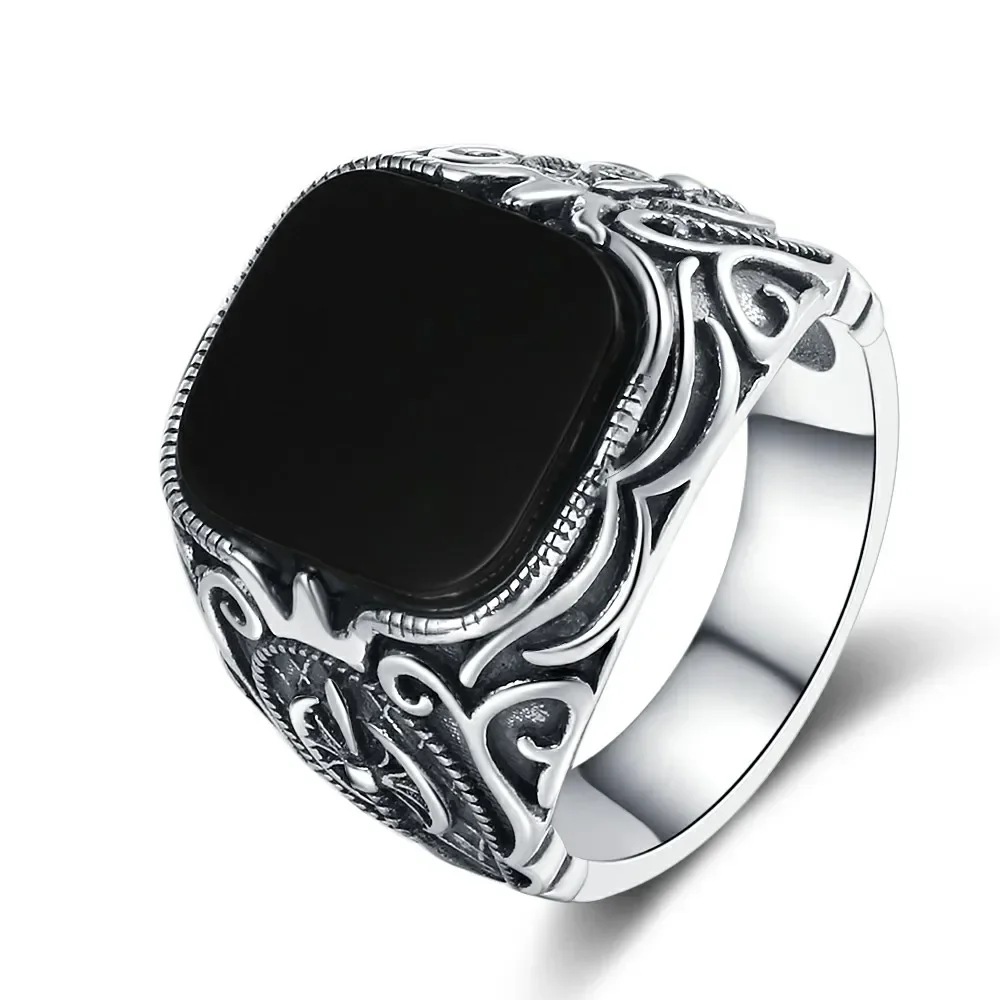 Bague en argent regardé 925 avec pierre d'agate noire naturelle pour femme, bijoux rectangulaires vintage, cadeaux de fête, 12x14mm