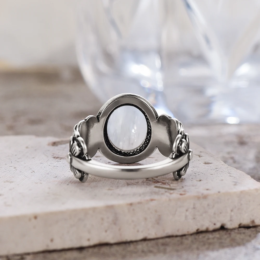 Vintage S925 Sterling Silver Rose Flower Ring With Oval 8*10mm Natural Moonstone Sweet Ring Fine Jewelry For Woman