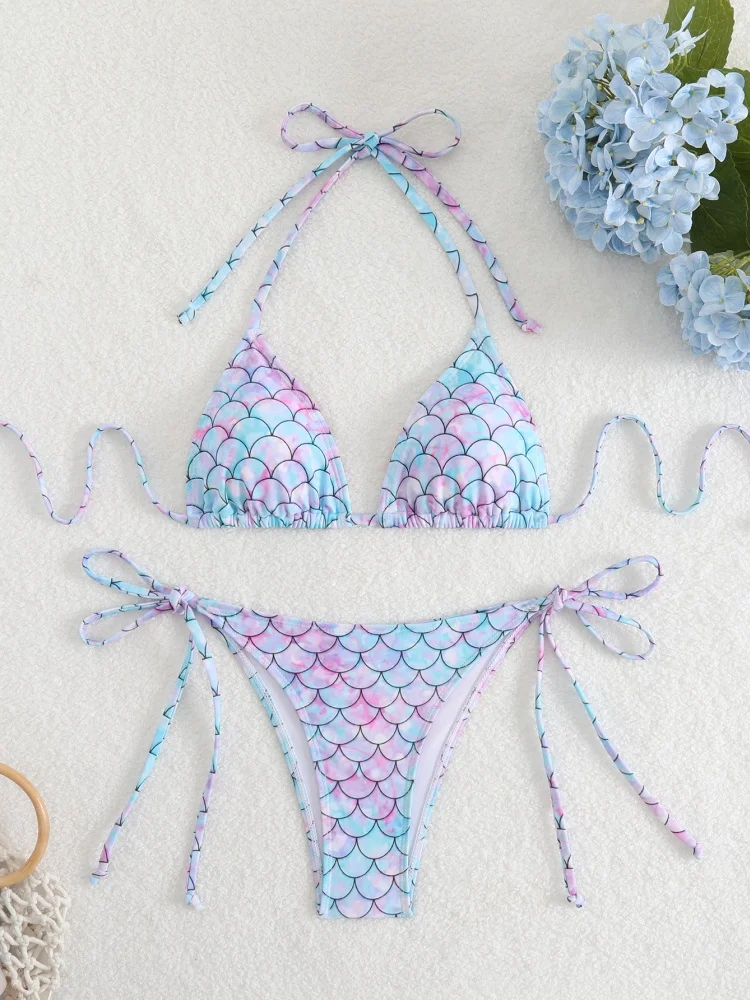 

Bikini Women Swimsuit 2025 New Fish Scale Pattern Halter Bikinis Set Sexy Lace Up Swimwear Summer Beachwear Bathing Suit Female