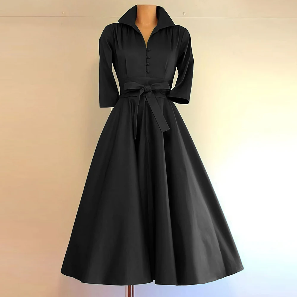 Abito da donna elegante collo alto solido cintura con lacci A-Line manica lunga bottone autunnale abito casual abiti Daliy con orlo increspato allentato