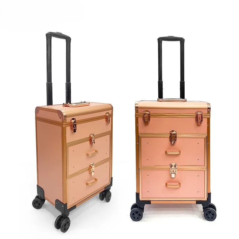 حقيبة مكياج للسفر بشعار شخصي، سعة كبيرة لمستحضرات التجميل من جلد البولي يوريثان، صندوق درج من سبائك الألومنيوم لجمال رموش الأظافر