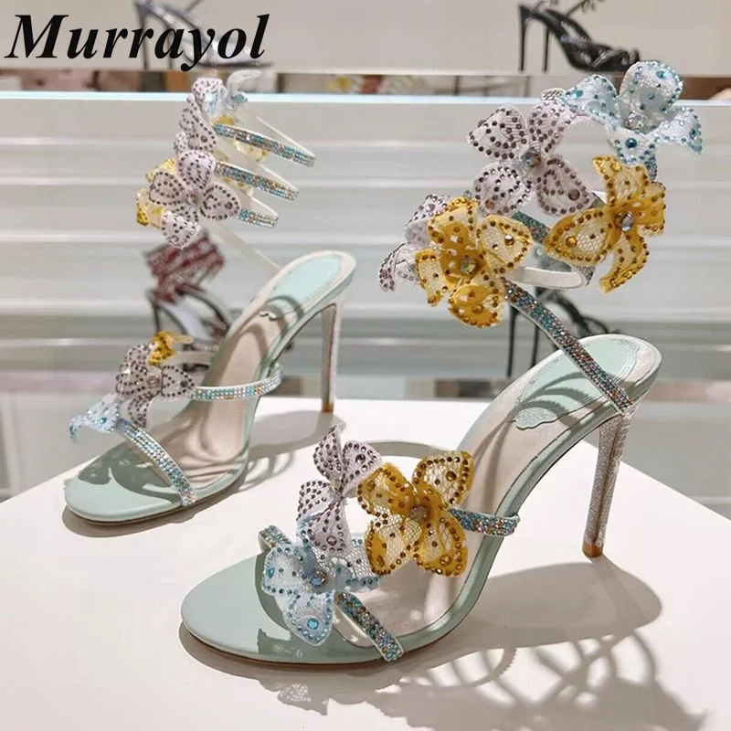 

Rhinestone Flower Decor Thin High Heels Sandalias Women Snake Shaped Elastic Strap Sandals Summer Dress Shoes Bridesmaid Shoes