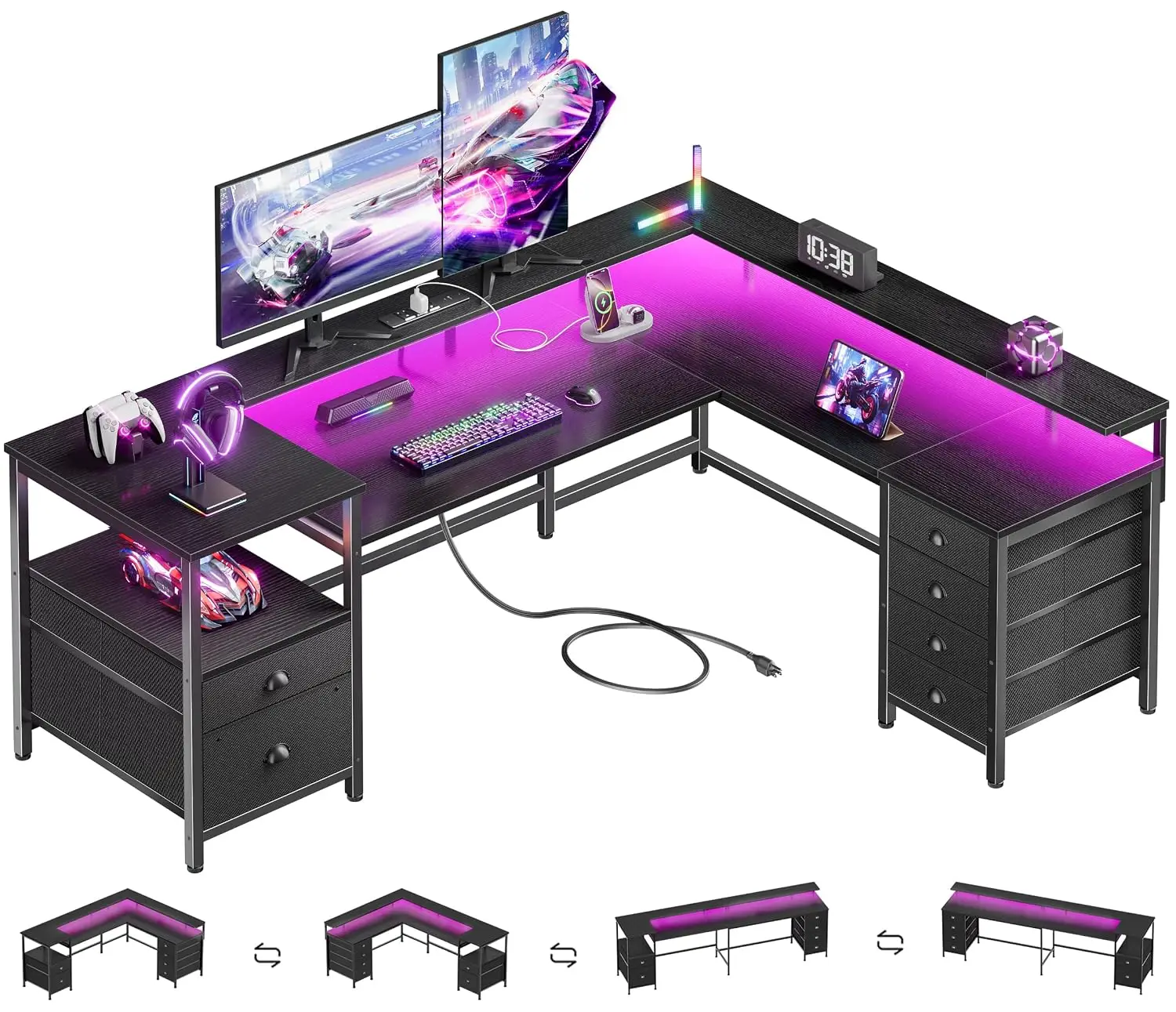 L Shaped Gaming Desk with 6 Drawers LED Lights Power Outlets 66 Inch Black, Customized