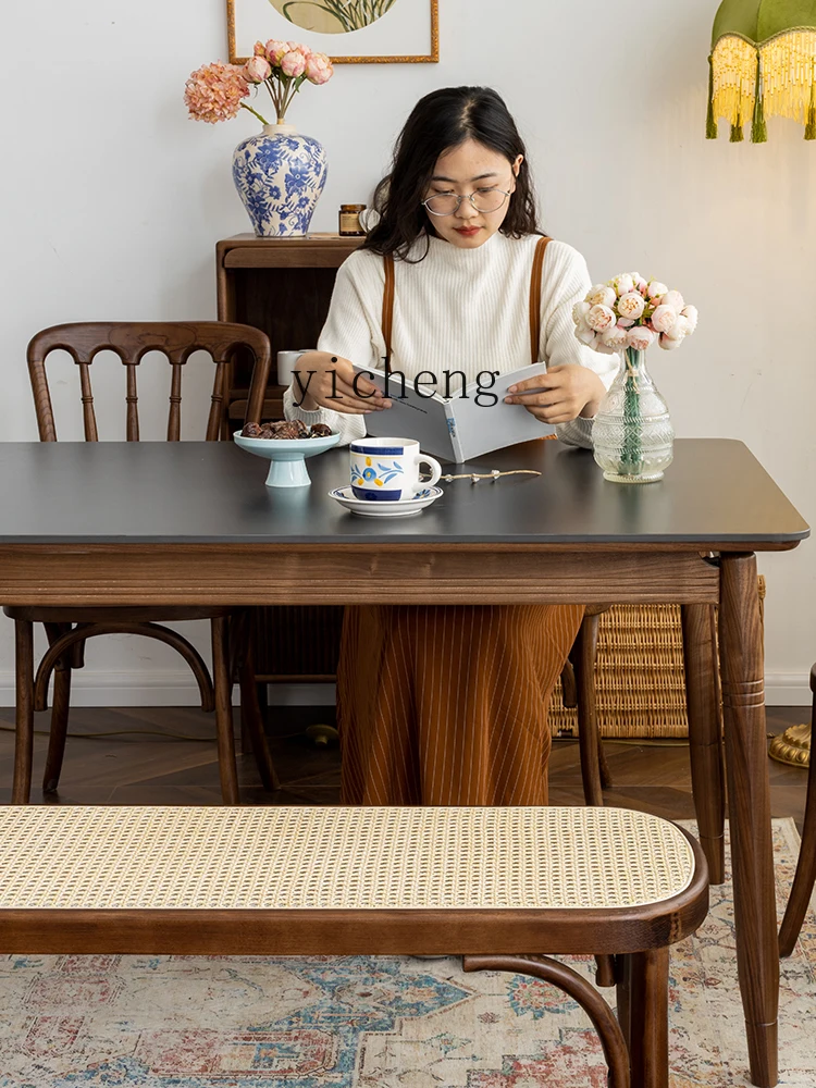 ZK Stone Plate Dining Table Black Walnut Solid Wood Rectangular Dining Table Dining Tables and Chairs Set