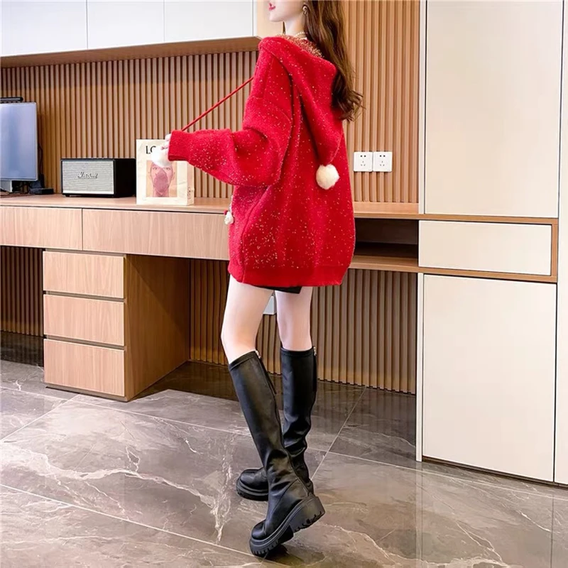 クリスマススパンコール付きフード付きセーター女性のための新年巾着赤ニットプルオーバートップスアメリカンカジュアルレトロニットトップ