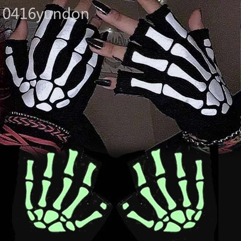 New Adult Cosplay Halloween Skeleton Skull Half Finger Punk Gloves Glow in the Dark Fingerless Stretch Knitted Winter Mittens