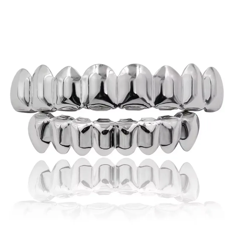Dientes de hip hop chapados en oro y plata, conjunto inferior superior Grillz con diseño de diente de vampiro para fiesta, ropa de calle, accesorio Dental genial