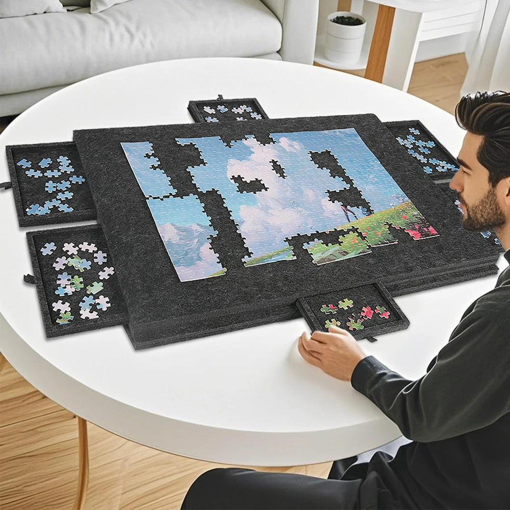 Plateforme de puzzle en feutre portable de 1000 pièces, plateau de jeu en tissu feutré avec tiroirs de tri et interrupteur de tirage