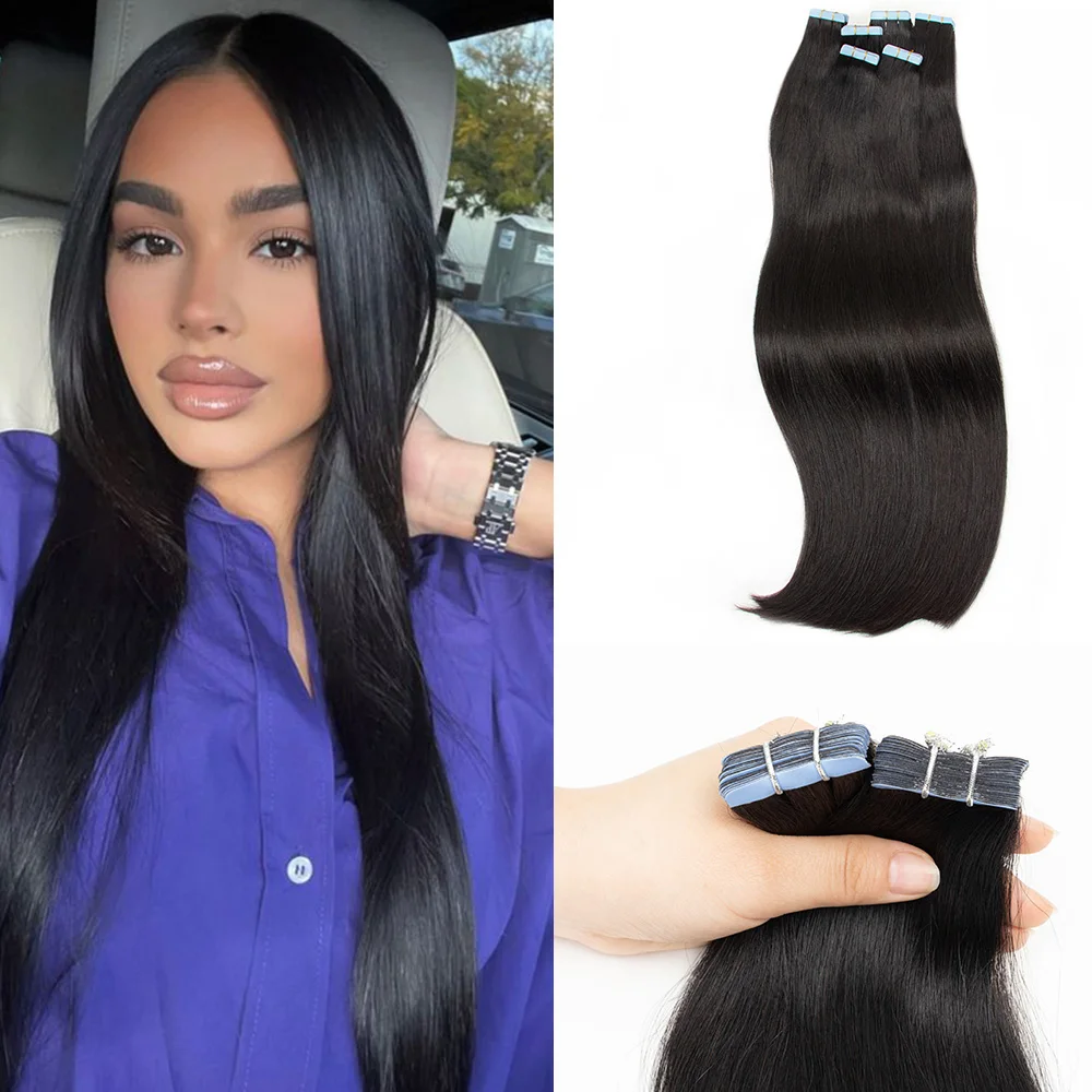 Silky Straight Tape In Human Hair Extensions Invisible Natural Black 12-26inch 20pcs/pack Straight Tape Hair Extension Remy Hair