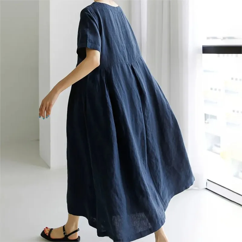 Women's Boho Dress 2025 New Women's Loose O-neck Fashion Large-size Solid Short-sleeved Casual Midi Dresses For Women Vestidos