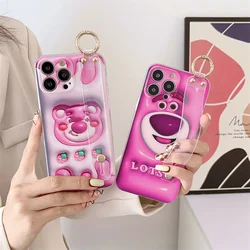 Pink Cartoon Disney Cute Lotso Milk Biscuit Phone Case For iPhone 11 12 13 14 15 Pro Max Soft Silicone Wrist Strap Bracket Cover