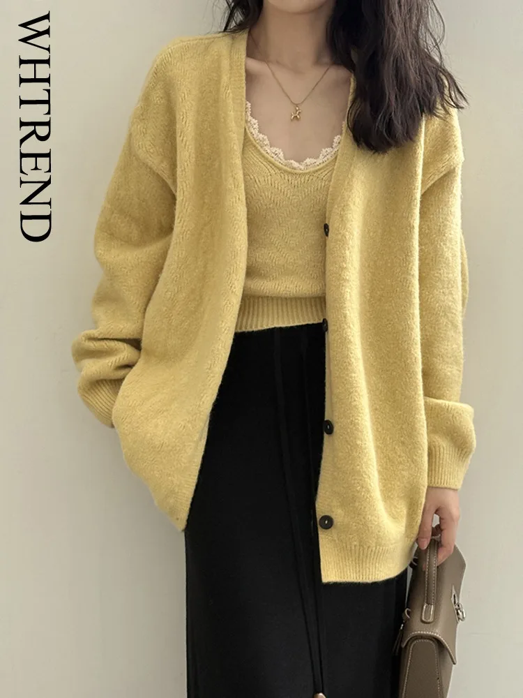 

WHTREND однотонный кружевной вязаный кардиган женский осенний элегантный свитер жилет топ из двух предметов WH1375