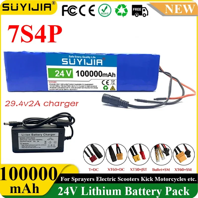 18650 7S4P 24V 100000mAh Rechargeable Li-ion Battery Pack Built-in BMS for Electric Bicycle Unicycle Scooter Wheelchair +Charger